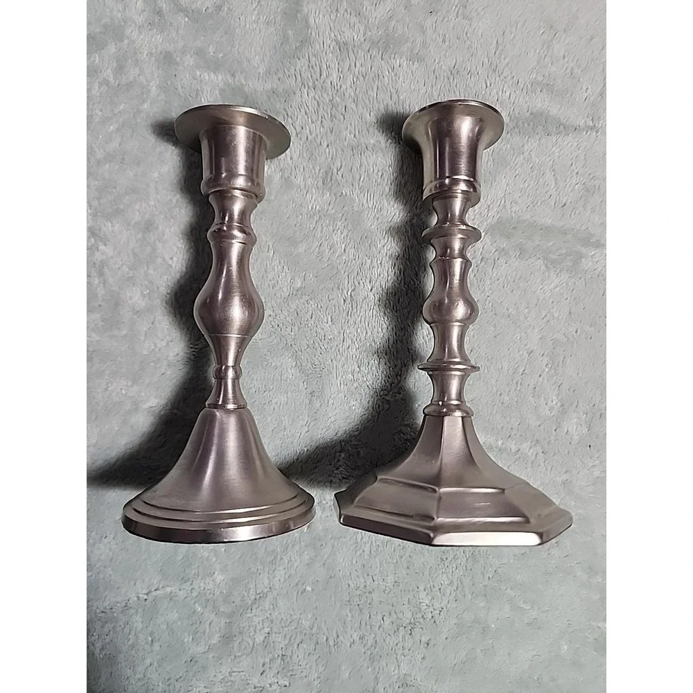 Pewter Weighted candlesticks made in India Felt Bottom Mismatched Set W Candles